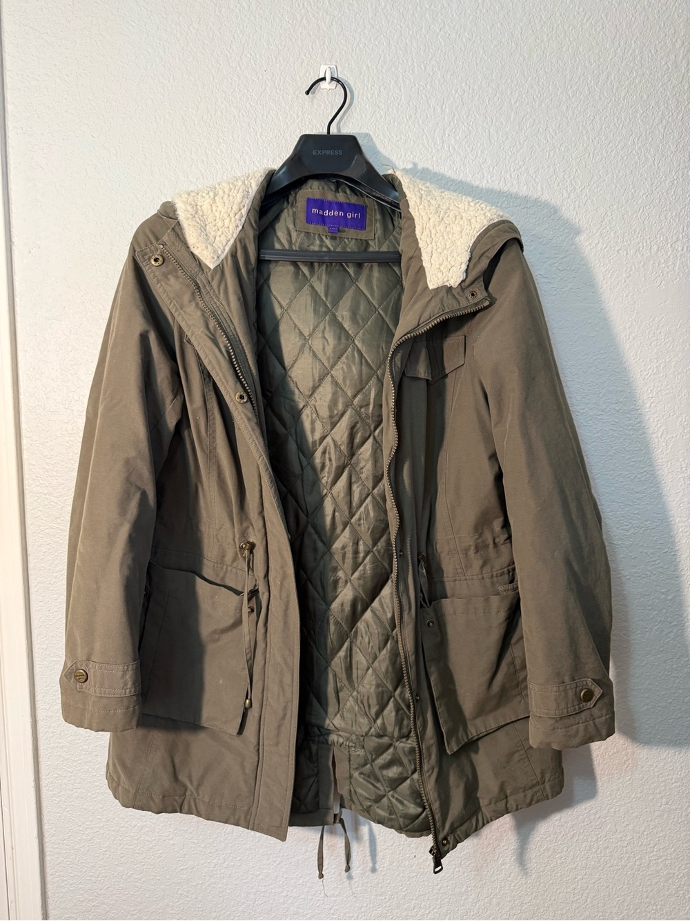 Madden Girl Olive Green Quilted-Lined Sherpa Hood Utility Jacket